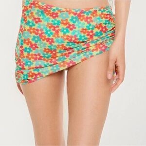 Forever 21 Swim Women Sz L Floral Swim Cover-Bottom Sarong Skirt Green Yellow